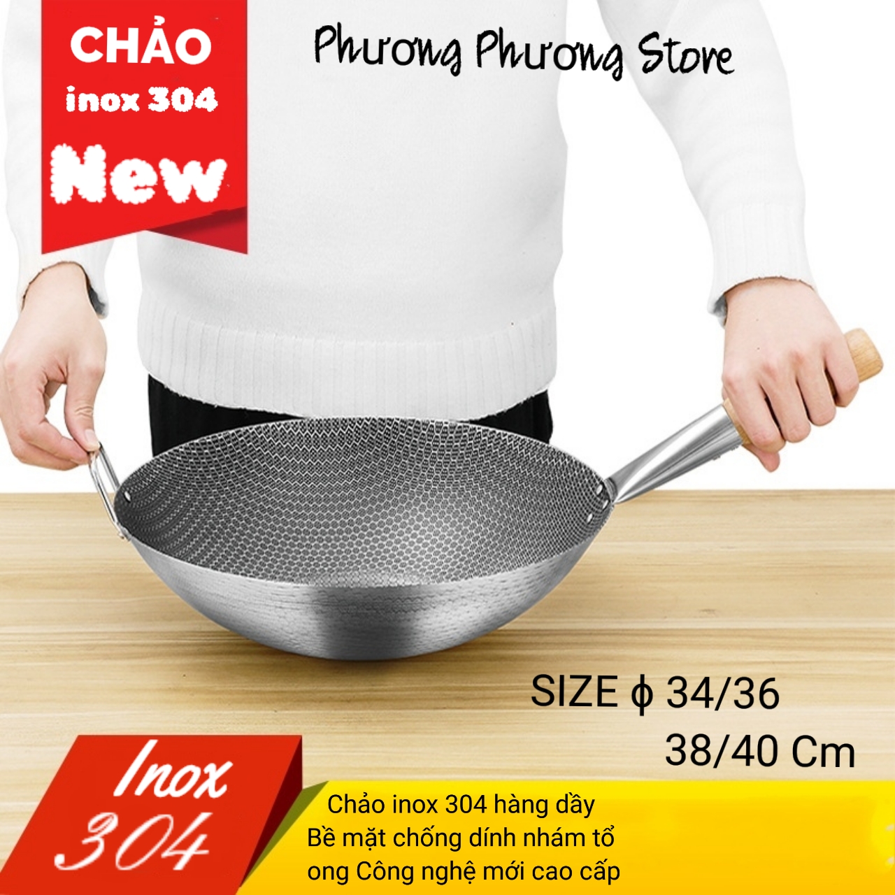 CHẢO QUAI INOX 304 CAO CẤP HÀNG DẦY BỀ MẶT NHÁM TỔ ONG CHỐNG DÍNH TUYỆT ĐỐI