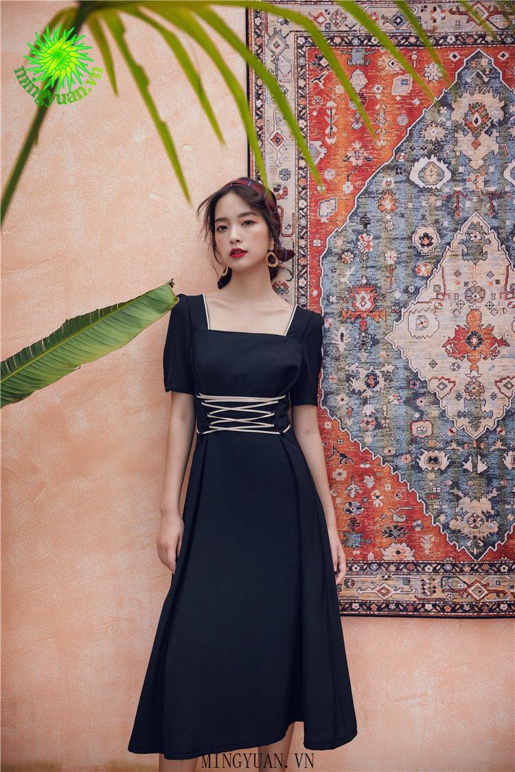 Đầm Nữ Dáng Dài Cổ Vuông Phong Cách Retro