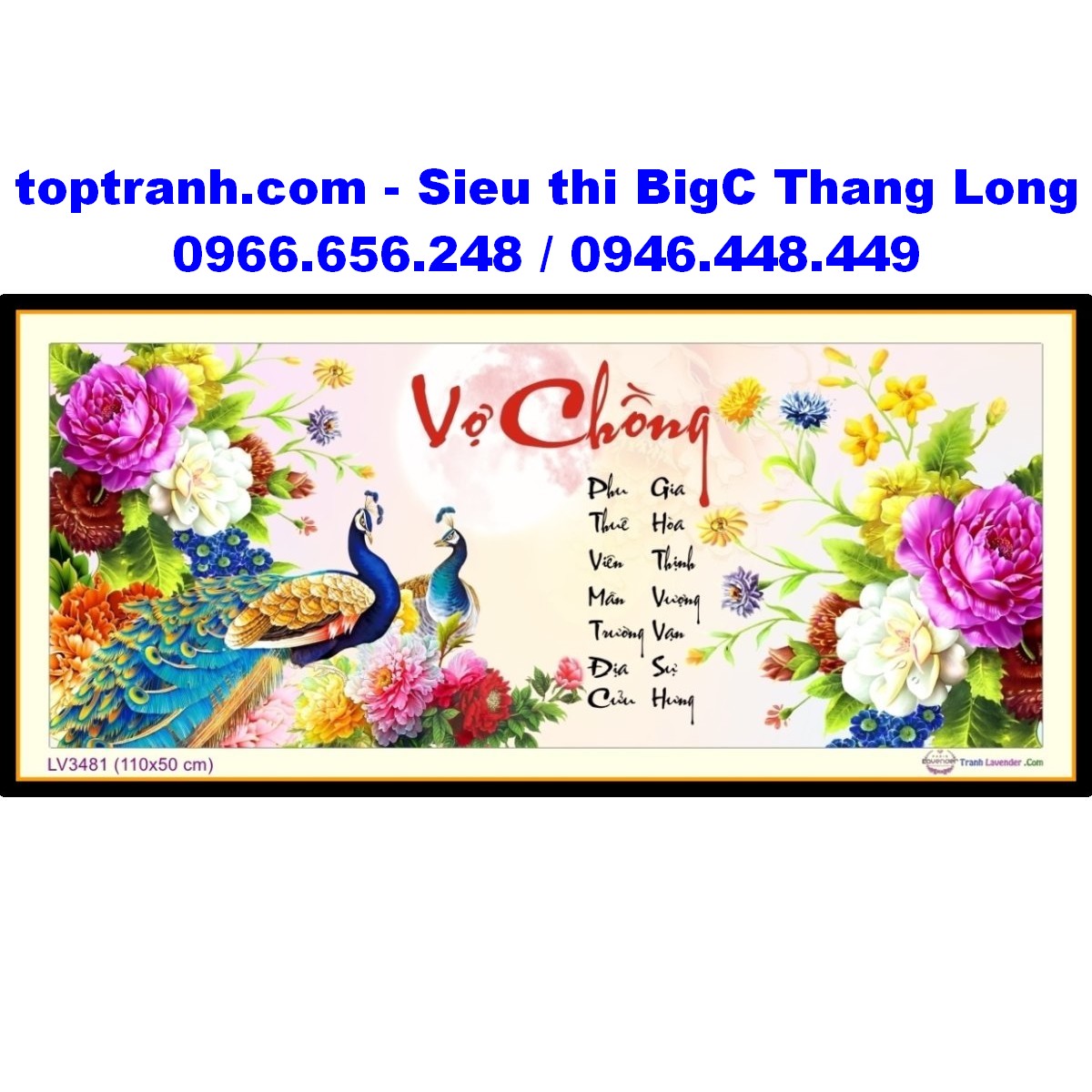 Tranh thêu chữ thập chữ vợ chồng hoa mẫu đơn LV3481 chưa thêu