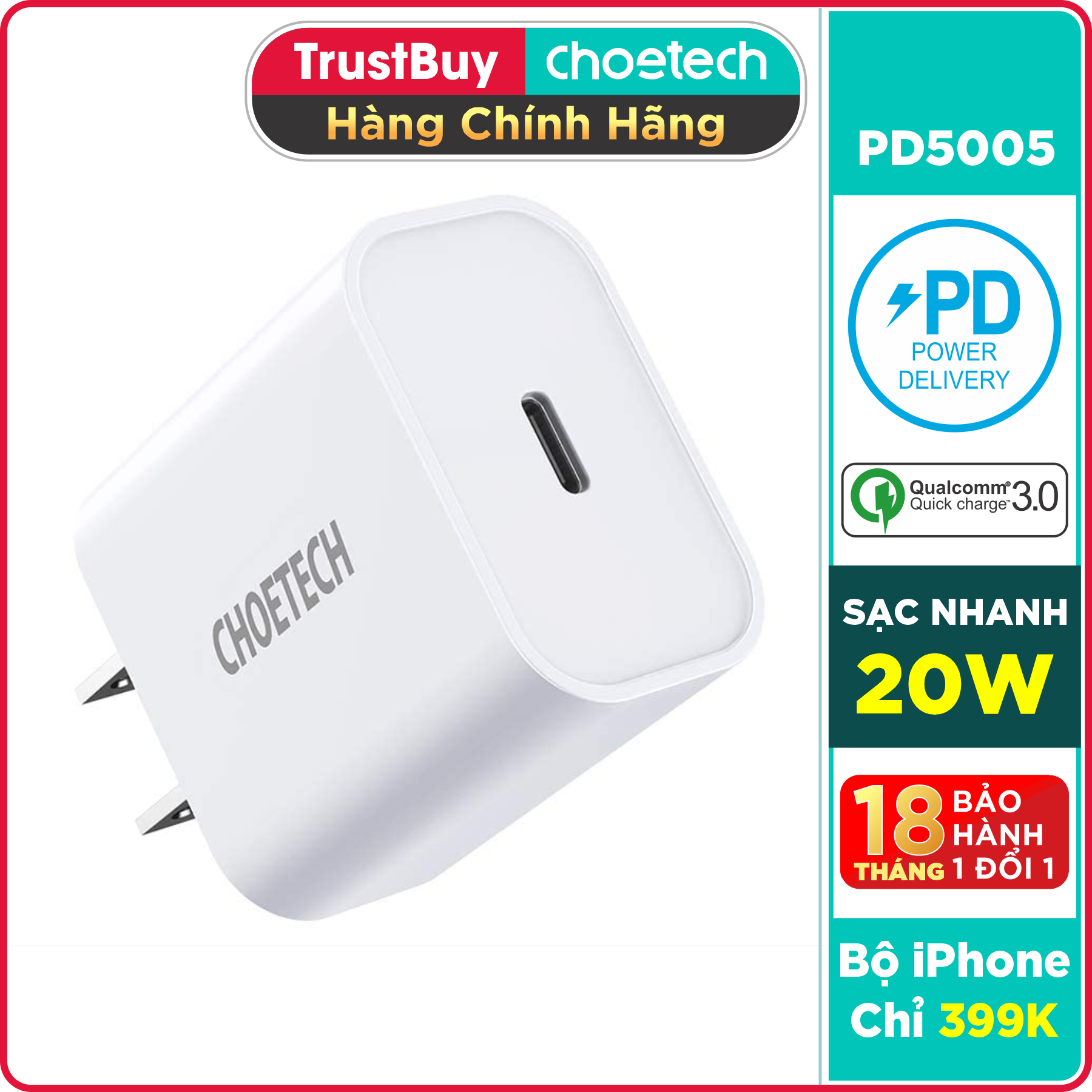 Adapter Củ Sạc CHOETECH PD5005 PD 20W Chuyên Sạc Nhanh iPhone, iPad - Hàng Chính Hãng