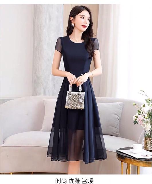 ĐẦM XOÈ XANH ĐEN ĐÍNH NÚT
