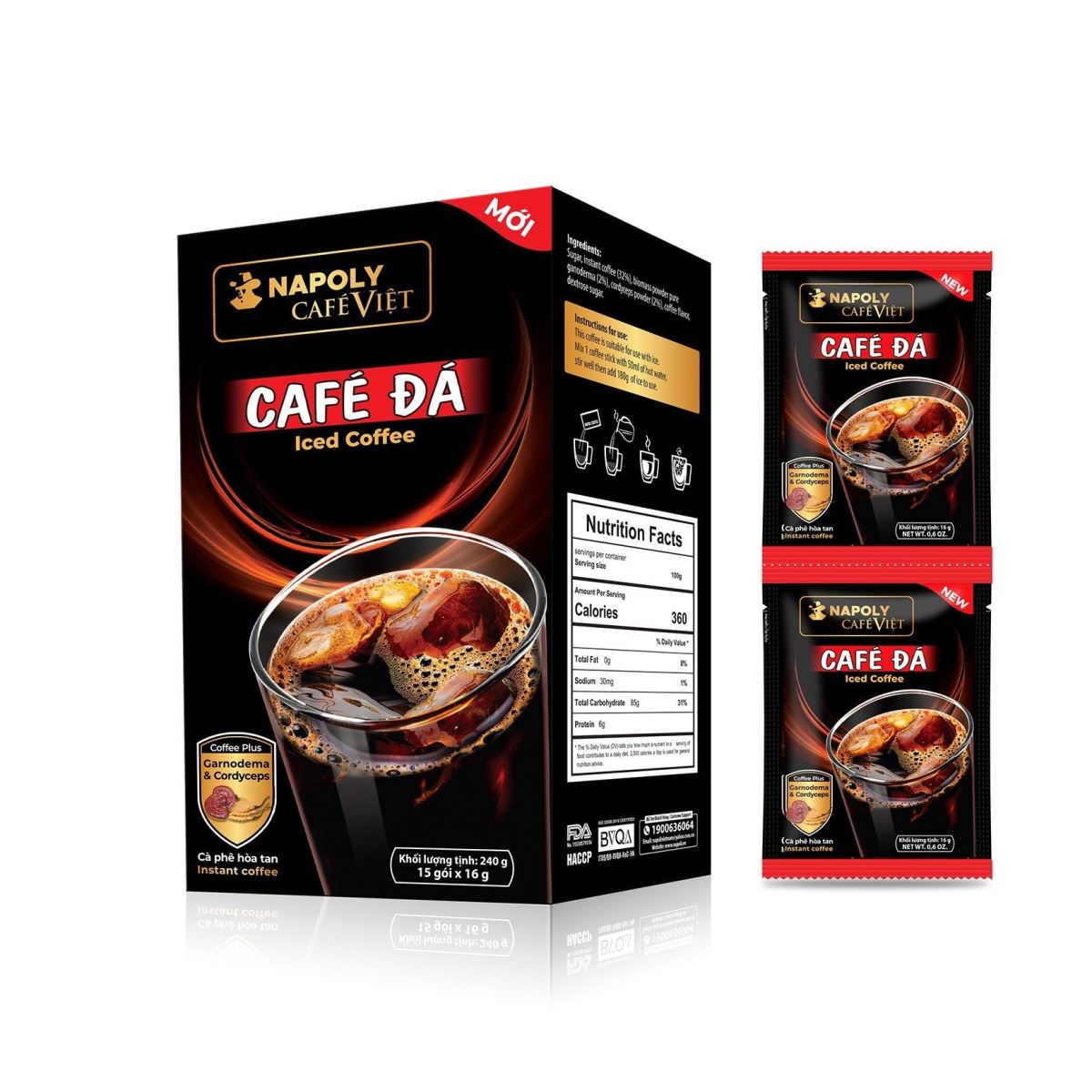 Cà phê hoà tan đen đá 2in1 bổ sung Nấm Linh chi và Đông trùng hạ thảo Napoli Coffee hộp 15 gói x 16gr