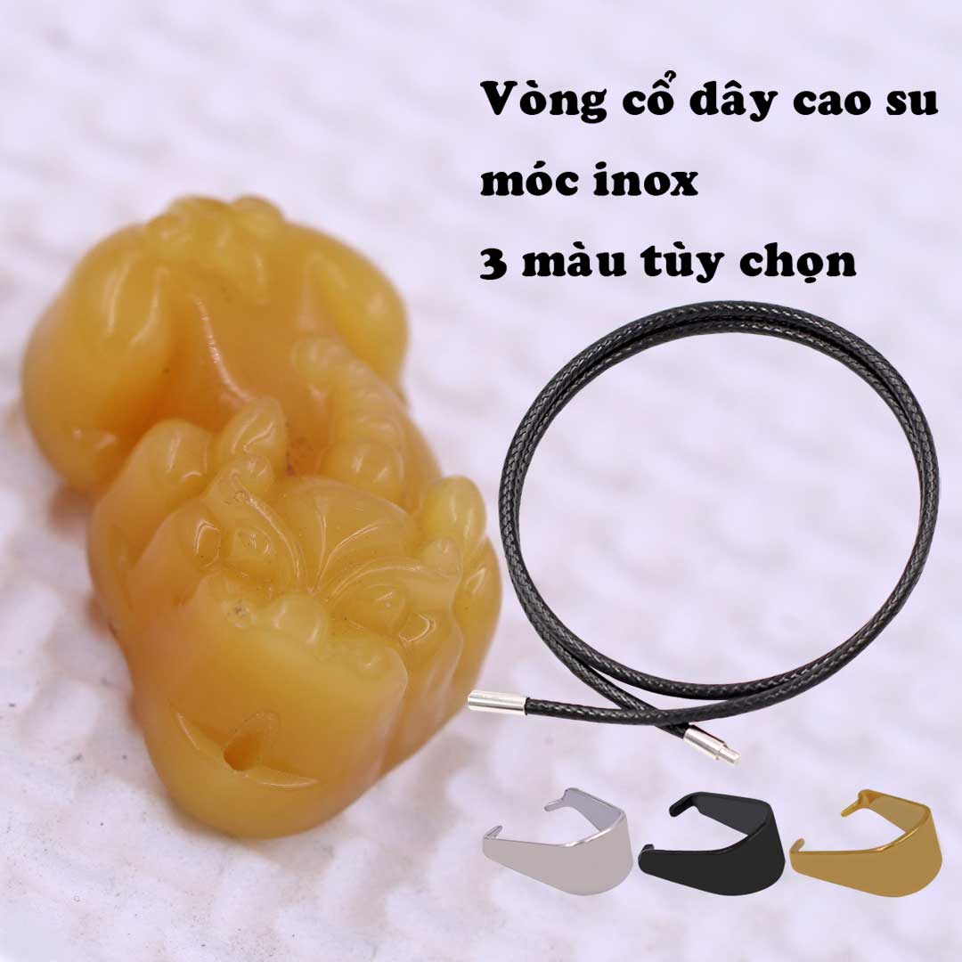 Mặt dây chuyền tỳ hưu đá vàng 3.1 cm kèm vòng cổ dây cao su đen + móc inox vàng, mặt Tỳ hưu