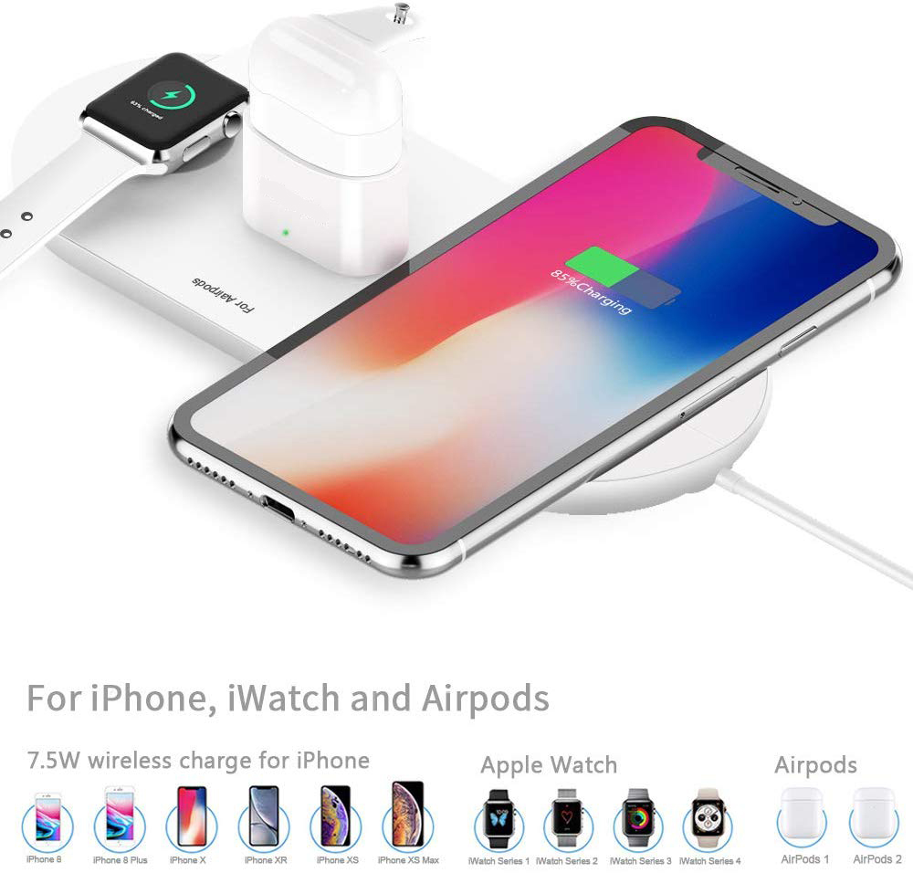 Đế sạc nhanh không dây 3 trong 1 cho iWatch 5/4/3/2/1, AirPods Pro/2/1 và iPhone 12/11/ Pro/Max/XR/X/8 Plus/8 Certified UL60950-1