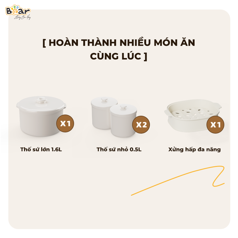 Nồi Nấu Chậm Bear 1,6L Đa Năng 6 Chế Độ Ninh Nấu Hầm Hấp Tiết Kiệm Thời Gian Giữ Trọn Chất Dinh Dưỡng - SB-NNC16 Hàng chính hãng
