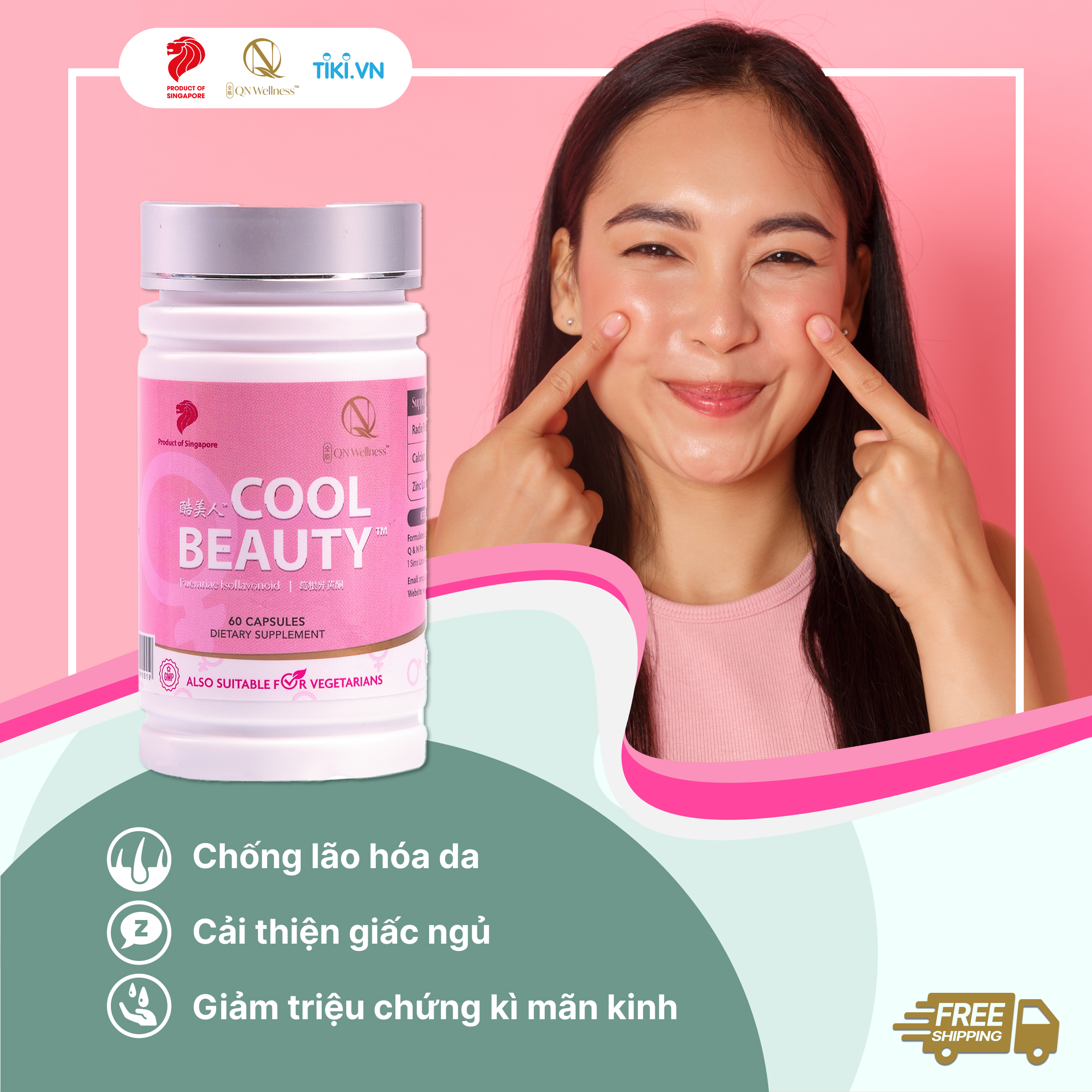 Viên Uống Bổ Sung Cho Nữ Giới Cool Beauty QN Wellness Chiết Xuất Cây Dong Riềng, Giúp Làn Da Khỏe Mạnh, Hỗ Trợ Giấc Ngủ Ngon, Duy Trì Sức Khỏe Xương Khớp, Cải Thiện Trao Đổi Chất - Hộp 60 Viên