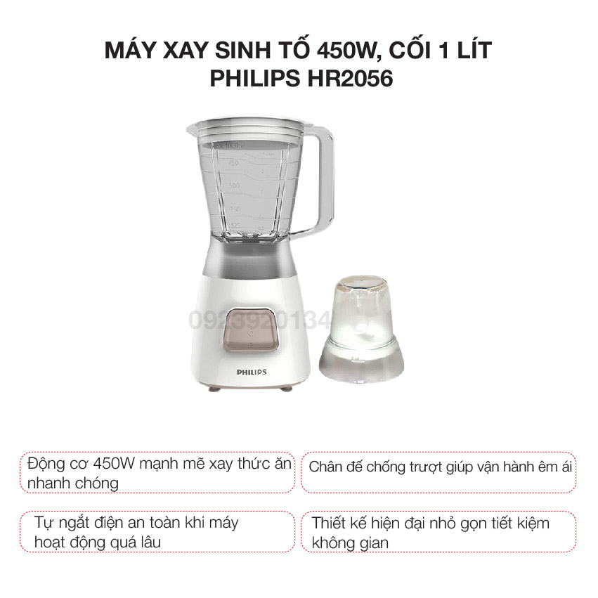 Máy xay sinh tố 450w, cối 1 lít Philips HR2056 - Hàng chính hãng