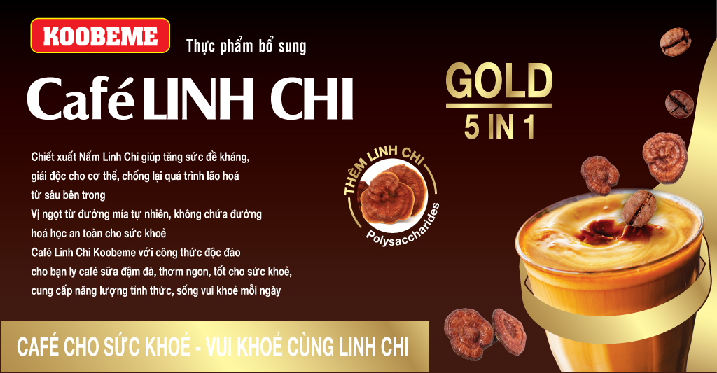 Cà phê hoà tan Café Linh Chi 5in1 Koobeme Gold vị đậm đà thêm Linh Chi tăng sức đề kháng Hộp 18gói