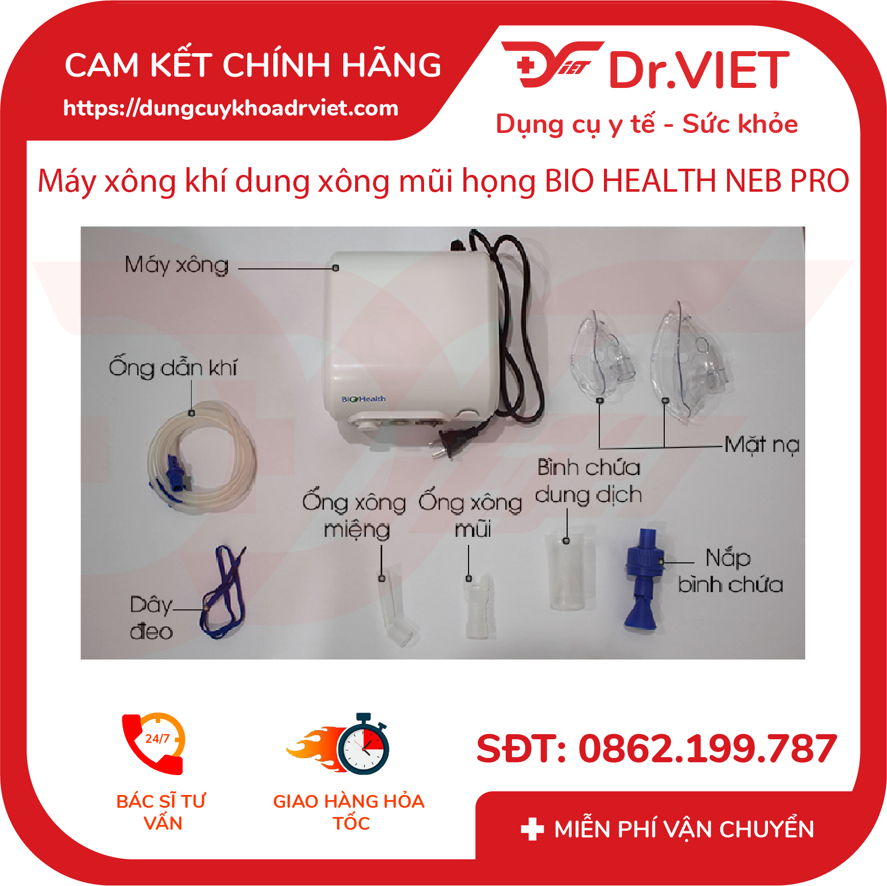 Máy xông khí dung BioHealth NEBPRO (dùng cho mọi đối tượng, sử dụng đơn giản, dễ chịu cho đường thở, dễ dàng mang khí đưa đến phổi) - DrViet