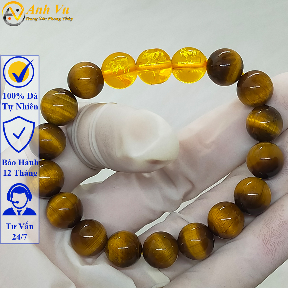 Vòng tam hợp hợi mão mùi chất liệu mắt hổ vàng nâu tự nhiên - size 8 10 12ly cho người mệnh thổ, mệnh kim - có khai quang điểm nhãn may mắn tài lộc - bảo hành 12 tháng - PHONG THỦY ANH VŨ