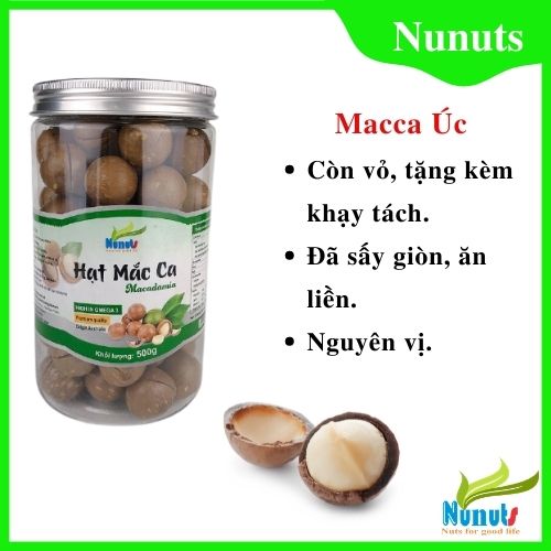 Hạt Macca Úc nứt vỏ Nunuts hộp 500g - Kèm dụng cụ tách vỏ