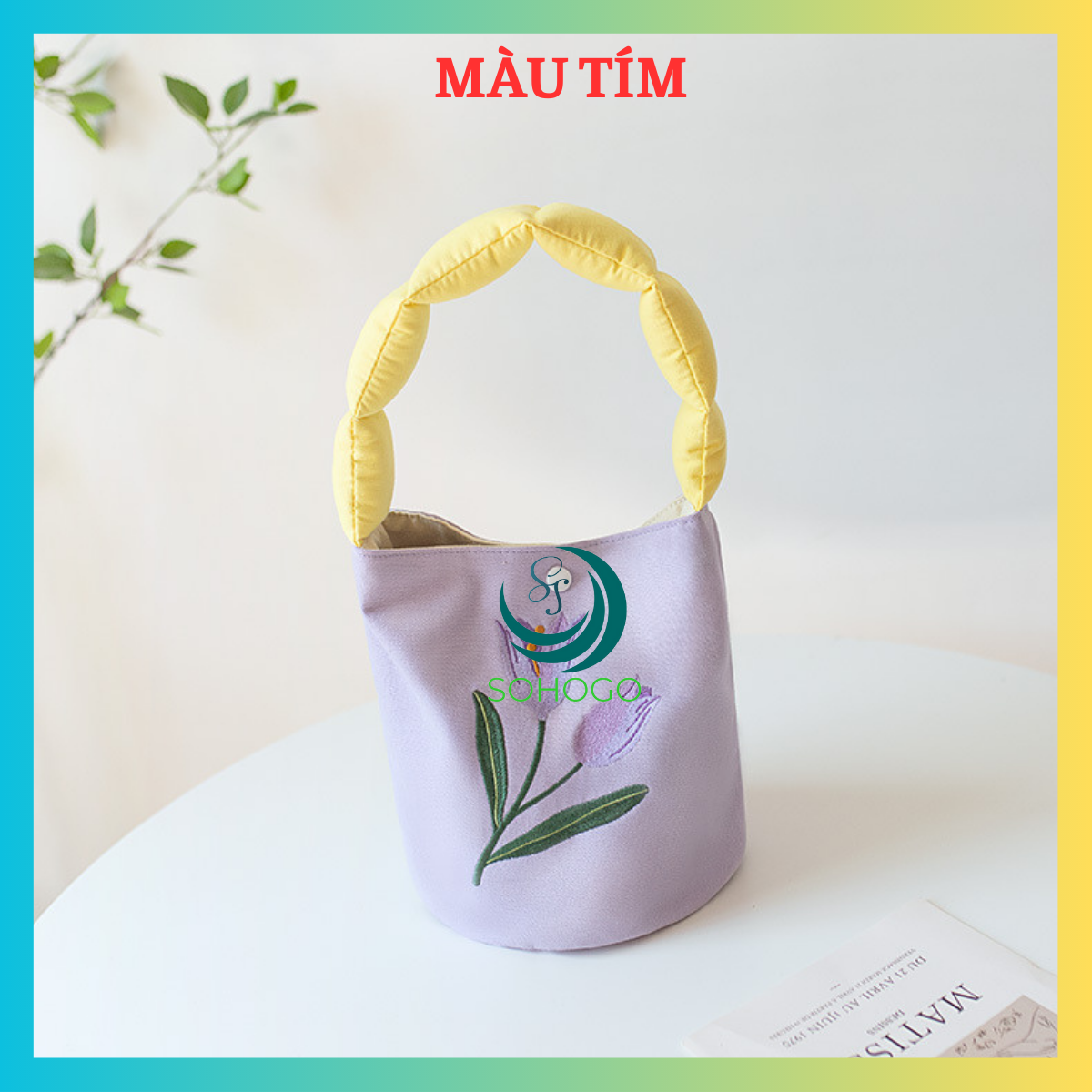 Túi tote nữ, họa tiết hoa Tulip handmade vintage 24x18x18cm - Túi xách canvas hình hoa phong cách Hàn Quốc thanh lịch