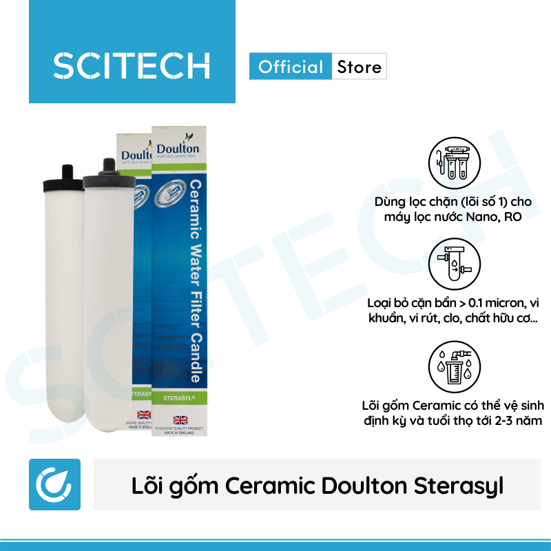 Lõi Gốm Ceramic Doulton British Steracyl 10 inch by Scitech - Lõi số 1 máy lọc nước Dr. Sukida, K Pro Series MT888 và máy lọc nước Nano/RO (Dùng thay thế lõi PP) - Hàng chính hãng