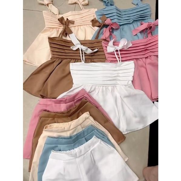 SET ÁO 2 DÂY THẮT NƠ BABYDOLL PHỐI QUẦN NGẮN MÀU PASTEL