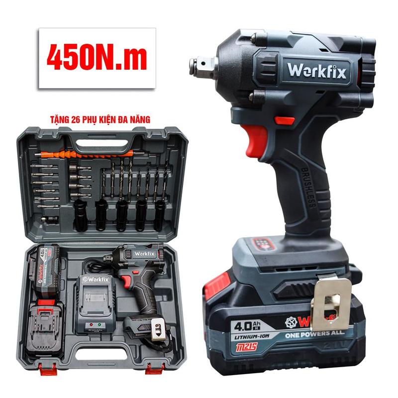 [ Tặng 26 phụ kiện] Máy Siết Bulong Workfix 450N.m 2 pin PLUS- Màu XÁM - Đa Năng 2 In 1 - IW450NBL - Motor Brushless - Chân Pin Phổ Thông 2 Pin 21V/4Ah PLUS - Bảo Hành Chính Hãg - 6th