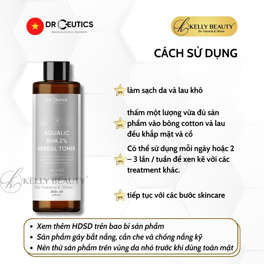 DrCeutics Aqualic BHA 2% Herbal Toner - Giảm Mụn, Ngừa Mụn Tái Phát; Da Sạch Mịn Màng | Kelly Beauty