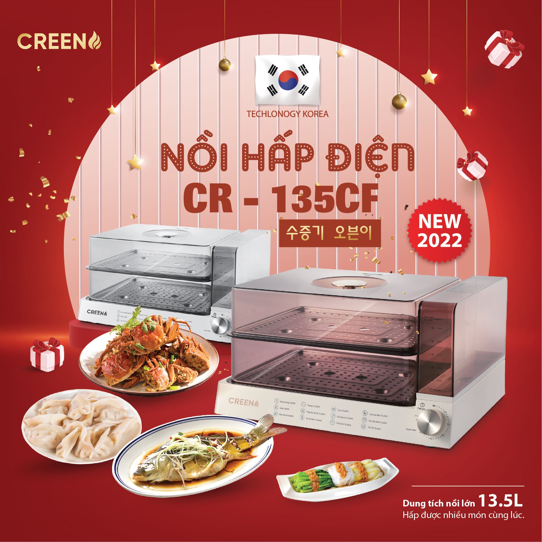 Nồi Chiên Hơi Nước, Nồi Hấp Điện Creen CR-135CF Dung Tích 13.5L Hâm Nóng Thức Ăn - Hàng Chính Hãng