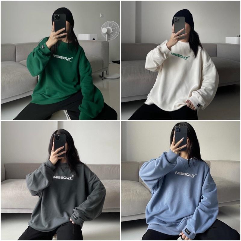 Áo sweater nỉ chân cua Unisex MISSOUT màu XANH LÁ/NÂU/KEM/XÁM Nam nữ unisex Áo missout tay dài