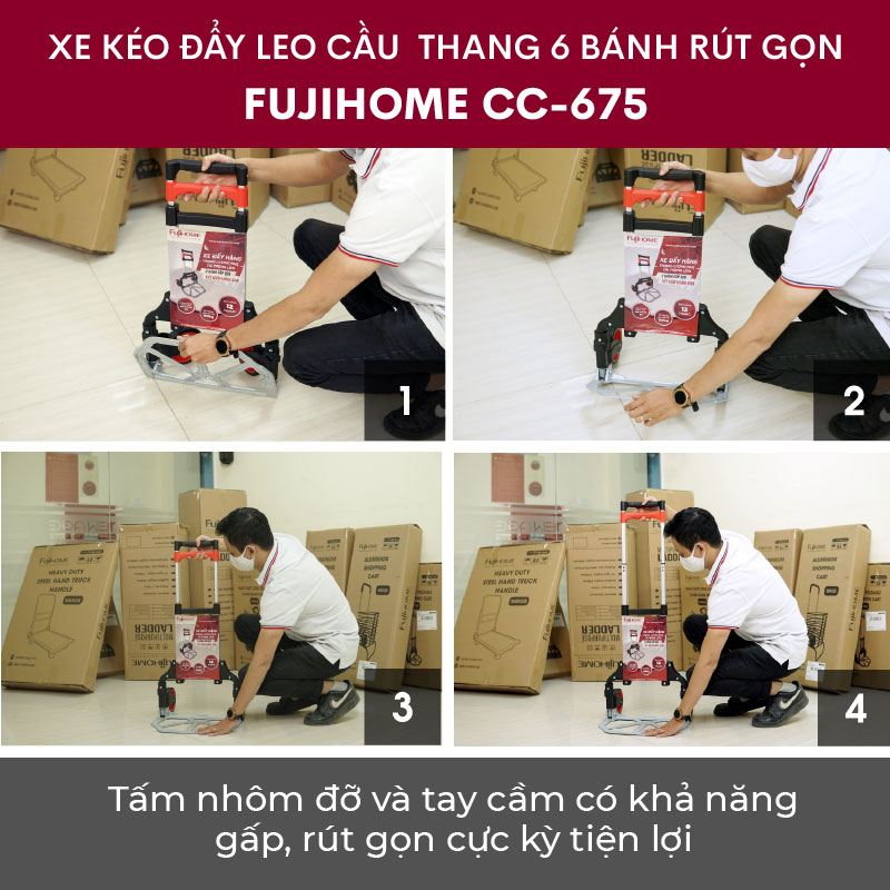 Xe kéo đẩy leo cầu thang FUJIHOME CC-675 6 bánh rút gọn, Tải trọng 70kg, Trọng lượng nhẹ có thể gấp gọn