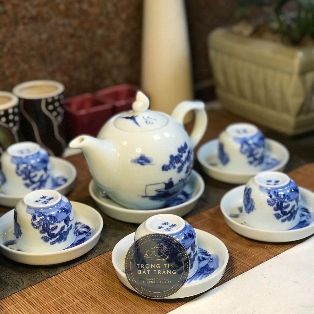 Bộ Ấm Chén Trà Đạo Gốm Trắng Men Lam Bát Tràng Lã Vọng Câu Cá Dáng Thủy Bình Dung Tích 400ml ATA 15