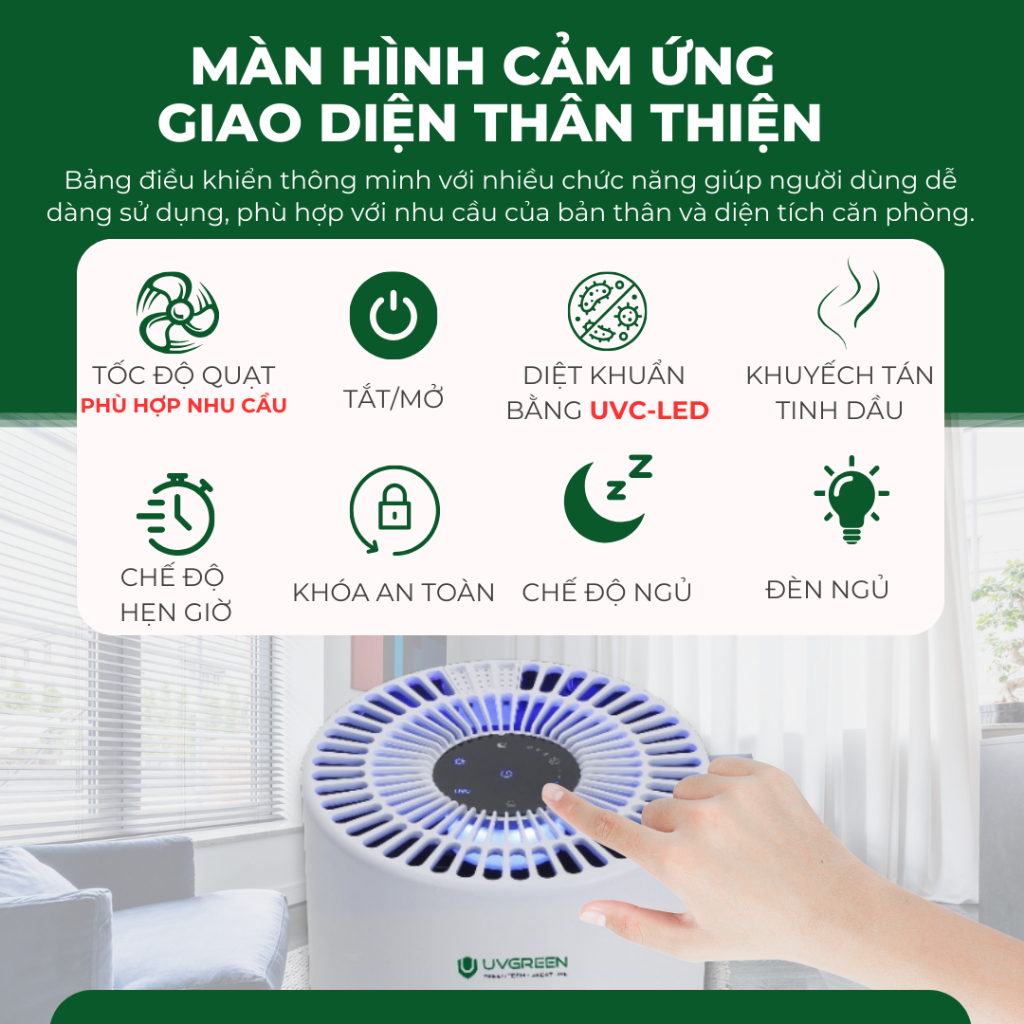 Máy lọc không khí UVGREEN KA150 15m2 - Công nghệ UVC LED hiện đại, Diệt khuẩn, Xông tinh dầu - HÀNG CHÍNH HÃNG