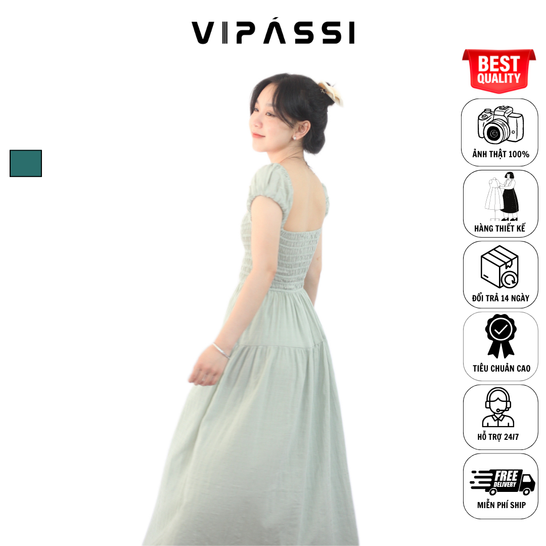 VIPÁSSI Đầm Linen Cộc Tay Dáng Dài Trễ Vai Nhún Thun Smocking Tùng Xòe Màu Xanh Bạc Hà