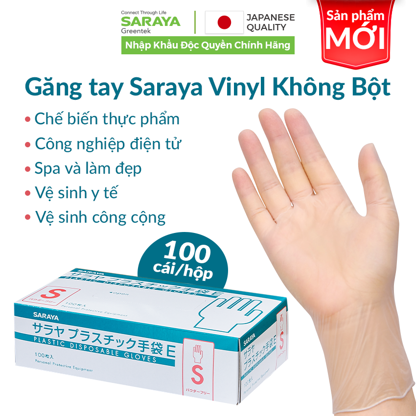 Găng tay Saraya Vinyl Không Bột dùng trong thực phẩm, vệ sinh, y tế, công nghiệp điện tử - 100 Cái/hộp