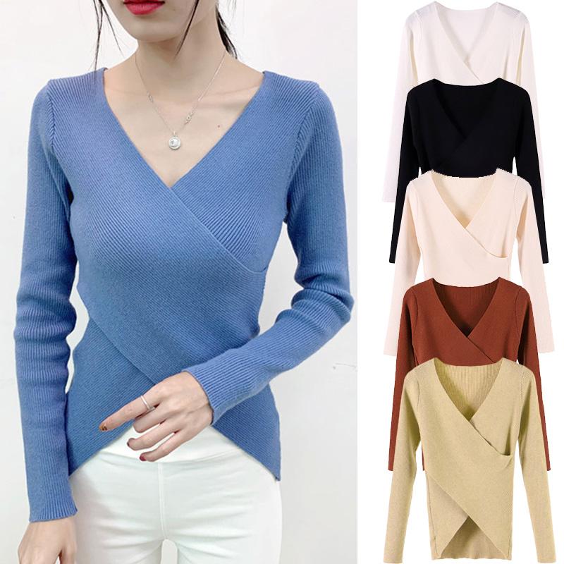 Women Knitted Sweater Solid V-neck Long Sleeves Autumn Winter Cross Knitting Basic Tunic Tops Blouse