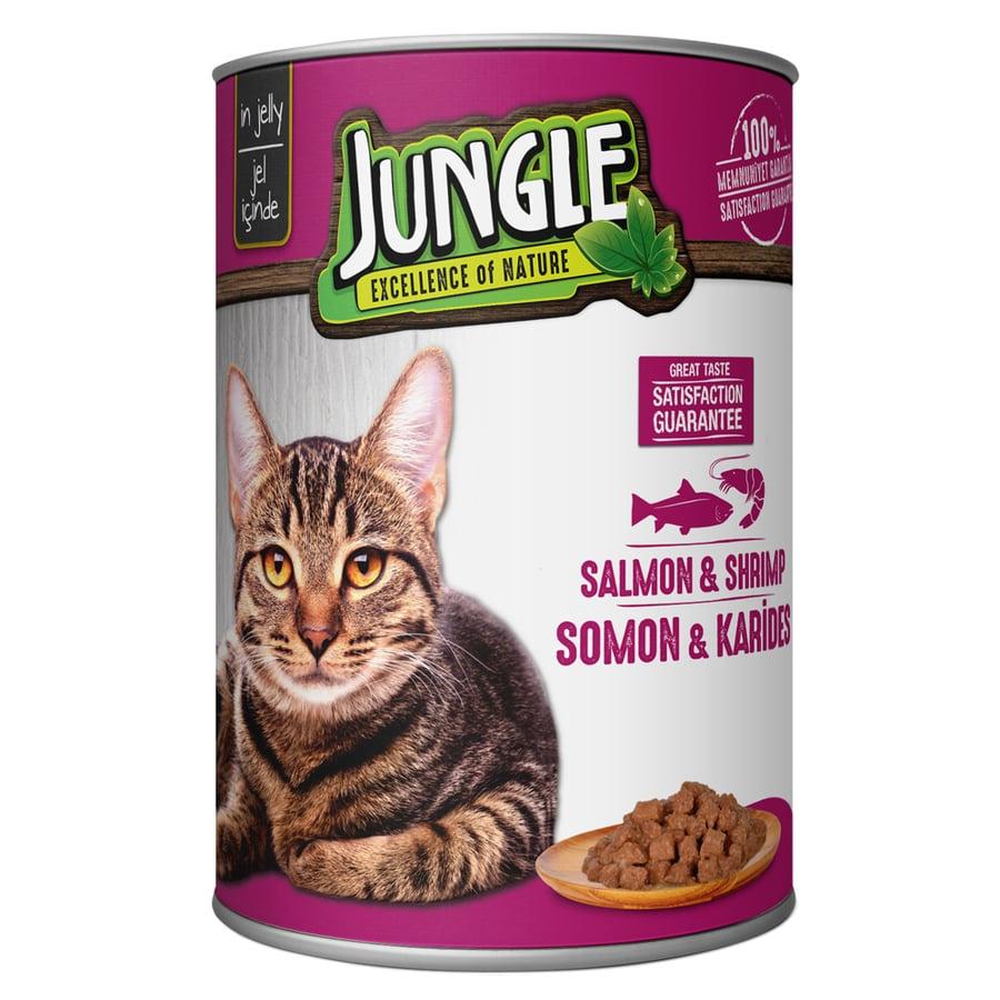 Pate Vị Cá Hồi Và Tôm Cho Mèo Trưởng Thành Jungle Adult Cat Salmon &amp; Shrimp In Jelly Lon 415g - Xuất Xứ Ý