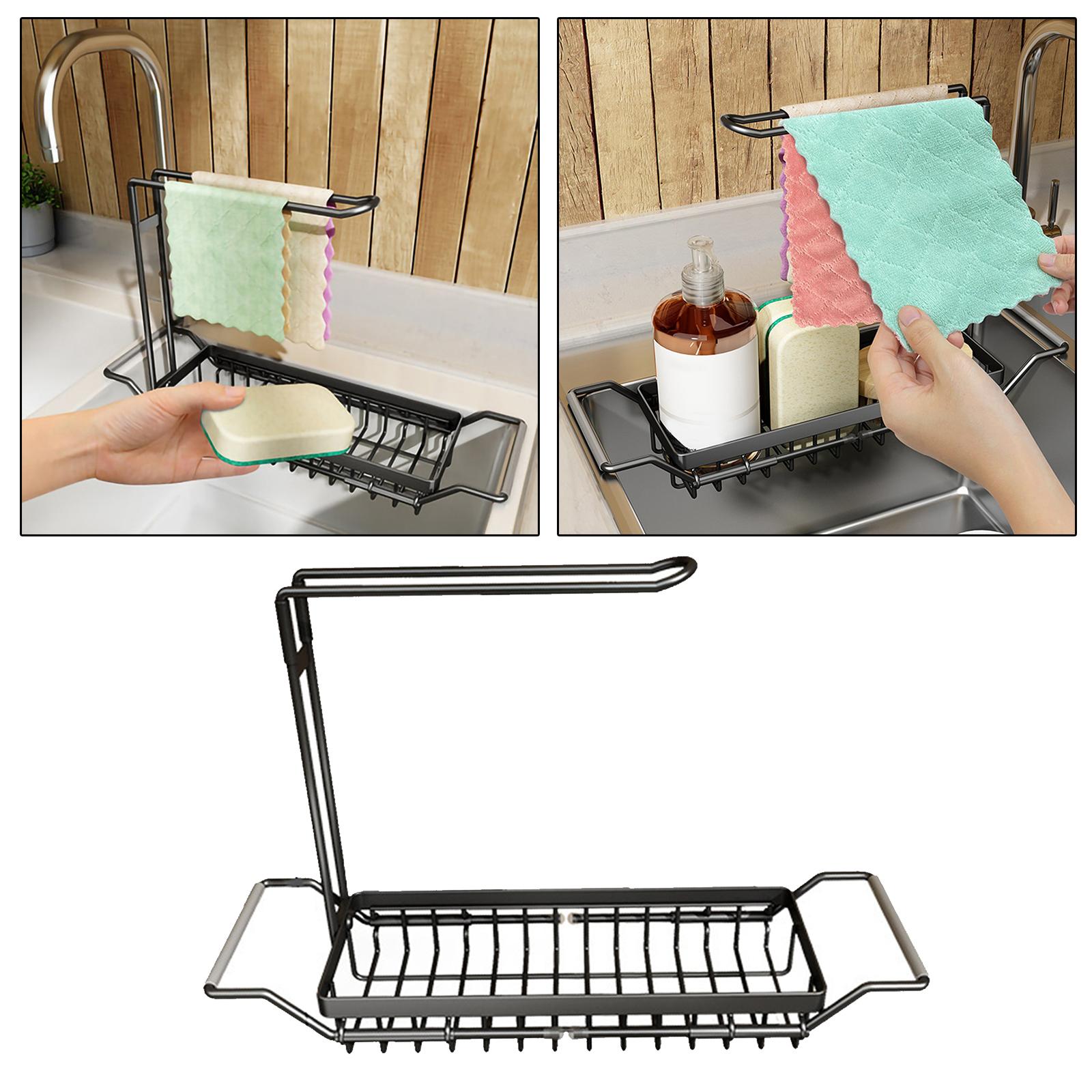 Over the Sink Storage Rack Organzier Adjustable Sponge Holder Drain Basket with Dish Towel Hanger