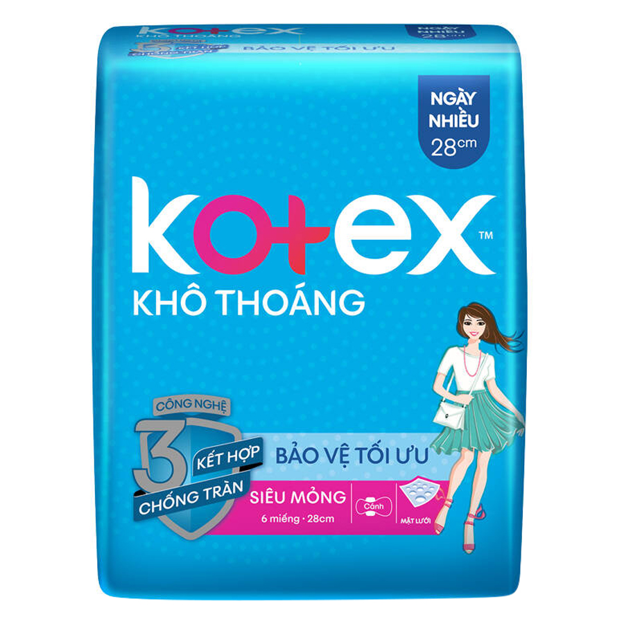 Băng Vệ Sinh Kotex Khô Thoáng Ngày Nhiều Siêu Mỏng Cánh 28cm (6 Miếng)