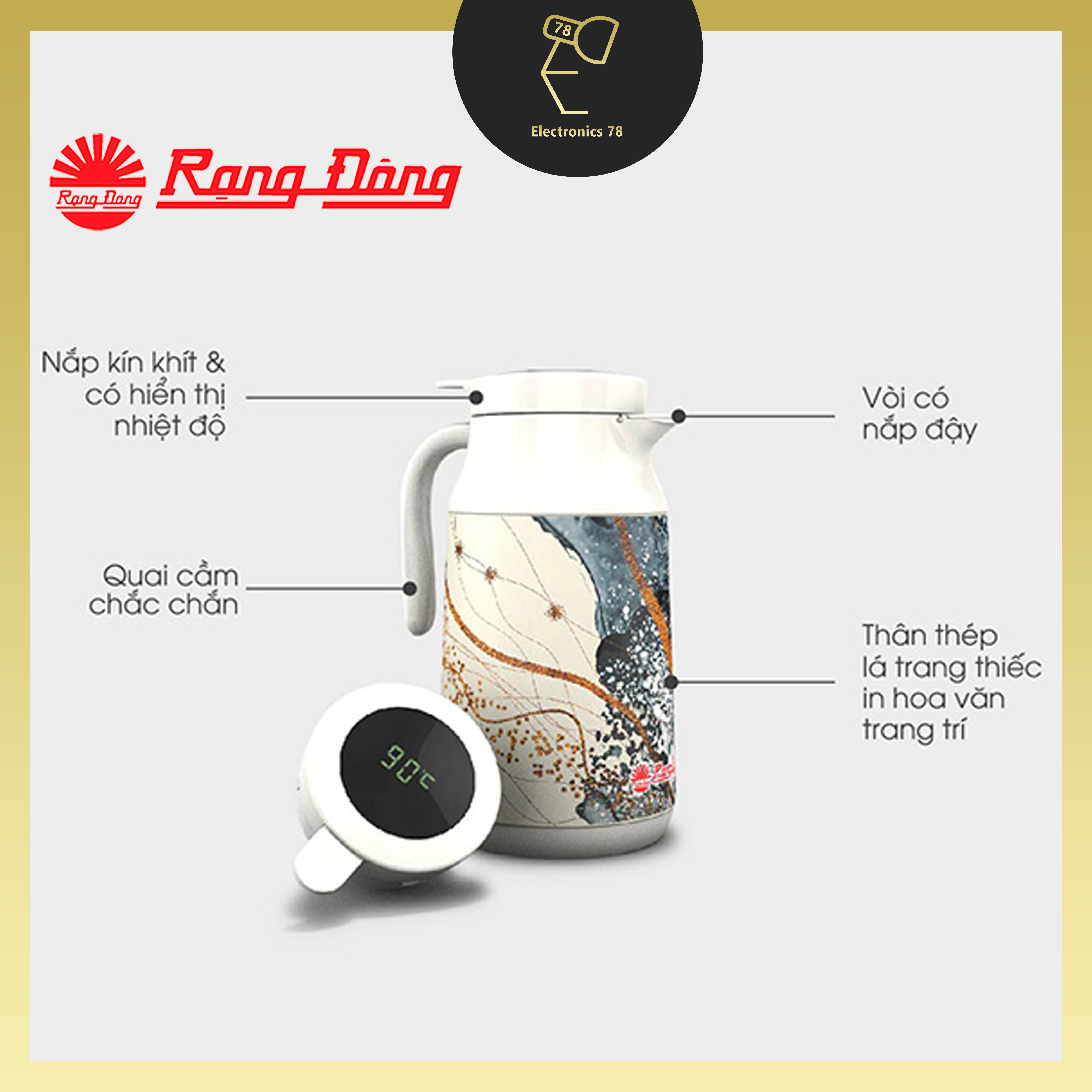 Phích trà giữ nhiệt, Hiển thị nhiệt độ 1.3 Lít Rạng Đông, Bình pha trà và thảo dược - 1300 TS1.E
