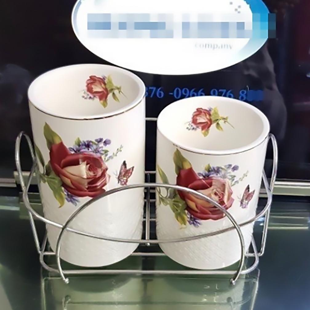 Ống đũa sứ đôi | ỐNG CẮM ĐŨA 2 CÓ THOÁT NƯỚC KHUNG KIM LOẠI | 2 HŨ SỨ ĐỰNG ĐŨA VÂN SẦN CAO CẤP VIỀN VÀNG
