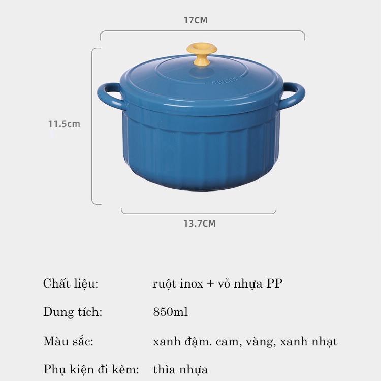 Bát ăn mì - Tô úp mì inox 2 lớp có nắp đậy và quai cầm - tặng kèm thìa
