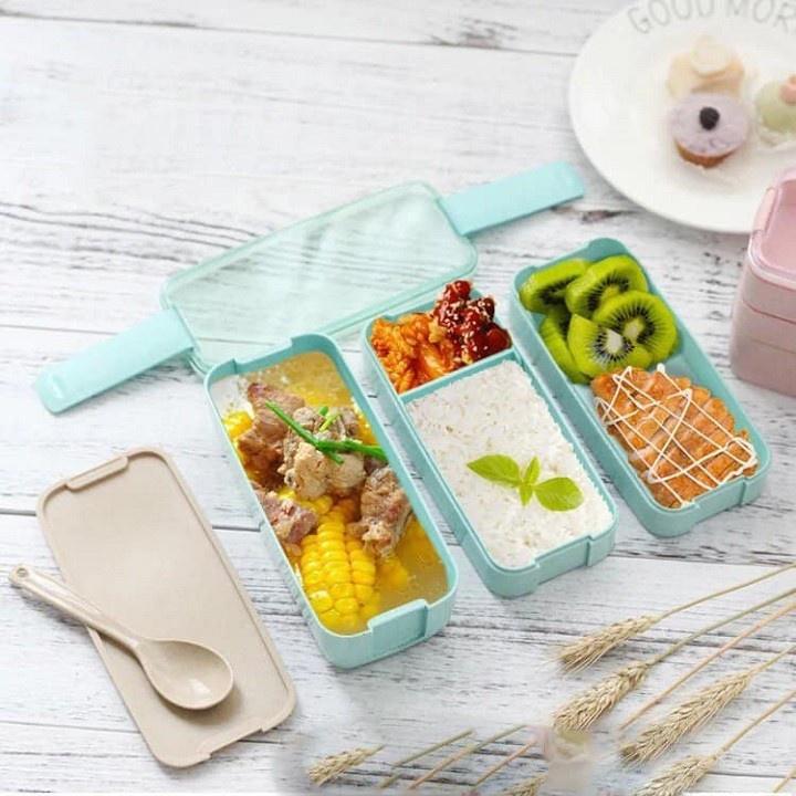 Hộp cơm 3 tầng Lúa Mạch kèm đũa thìa dĩa 3 MÀU