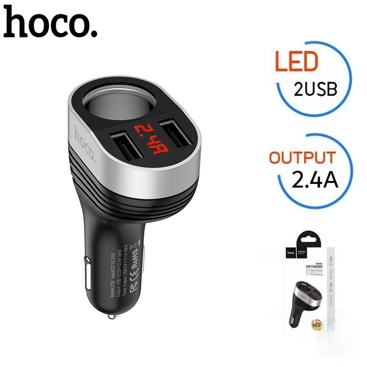 Bộ chia tẩu sạc dùng cho ô tô, xe hơi nhãn hiệu Hoco Z29,  Đầu vào: DC12 - 24V, Đầu ra: USB1/2DC5V/2.4A,ổng đầu ra 2 cổng USB: DV5V/3.1A Max ,  Đầu ra 2 lỗ tẩu sạc: 96W Max