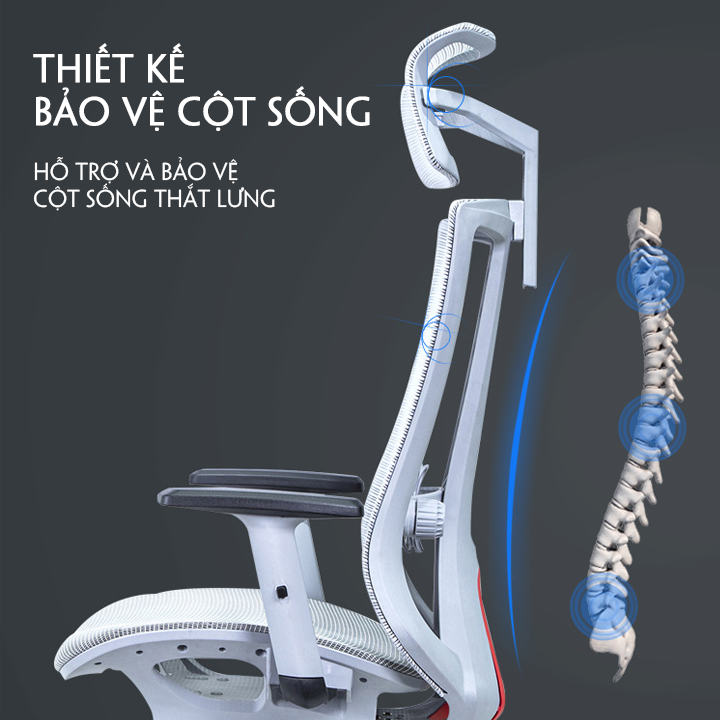 Ghế xoay văn phòng đệm cao su non thiết kế công thái học, đệm cao su non, bảo vệ lưng,tựa lưng và đầu điều chỉnh,lưới thoáng