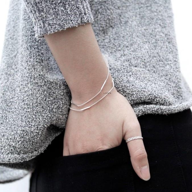Lắc Tay 2 Vòng Dây Xích Thanh Ngang Trơn S925 LANN