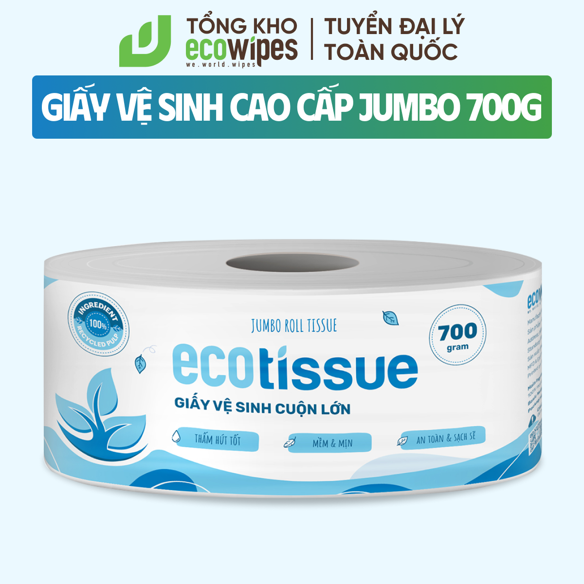 Giấy vệ sinh giấy cuộn cao cấp Ecotissue cuộn lớn 700gr thấm hút tốt mềm mịn an toàn sạch sẽ