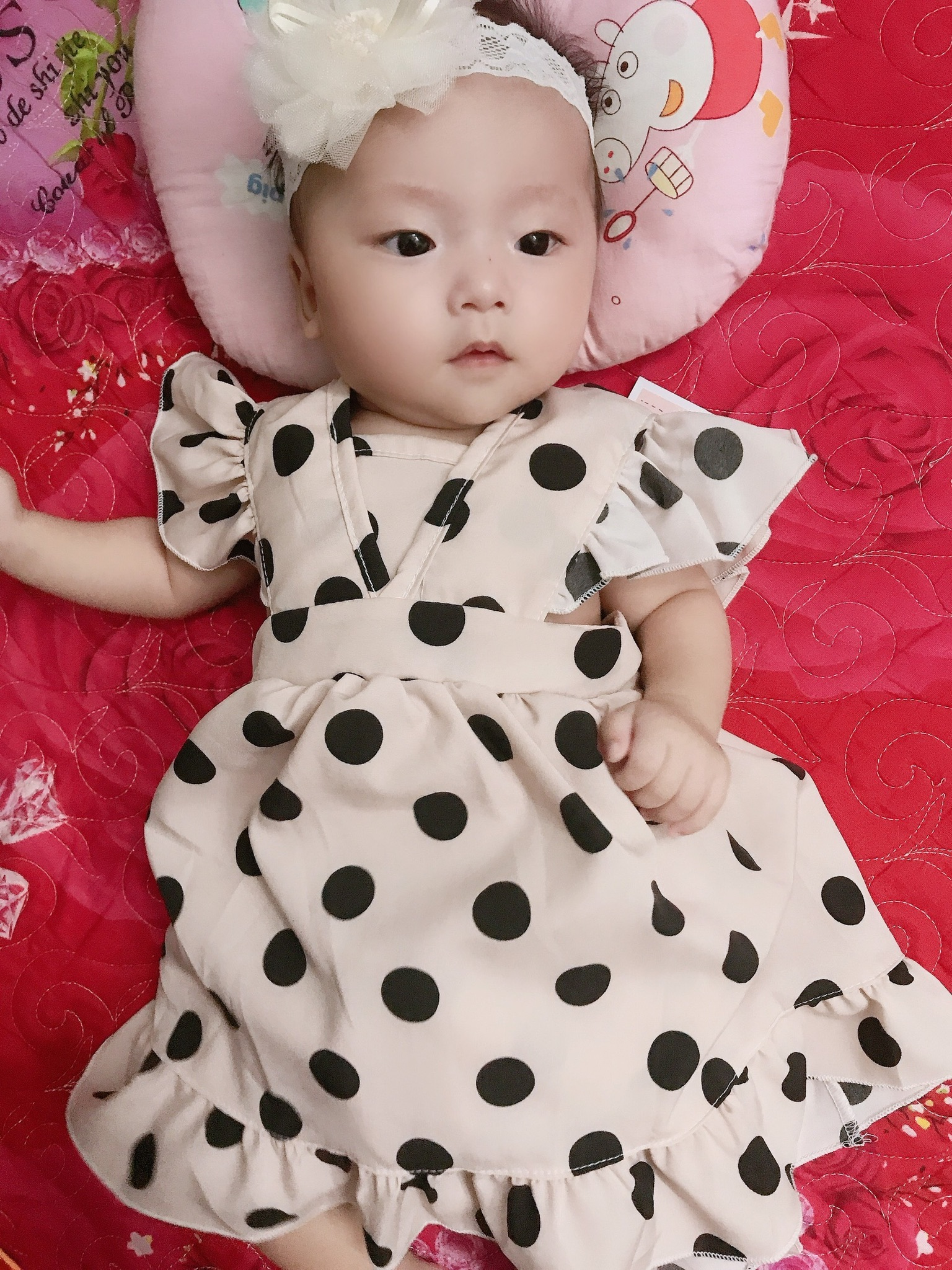 Bộ Váy Chấm Bi Bé Gái Sơ Sinh Đến 12kg, Đầm Lolita Bé Gái Chất Đũi + Lụa Mát Rượi