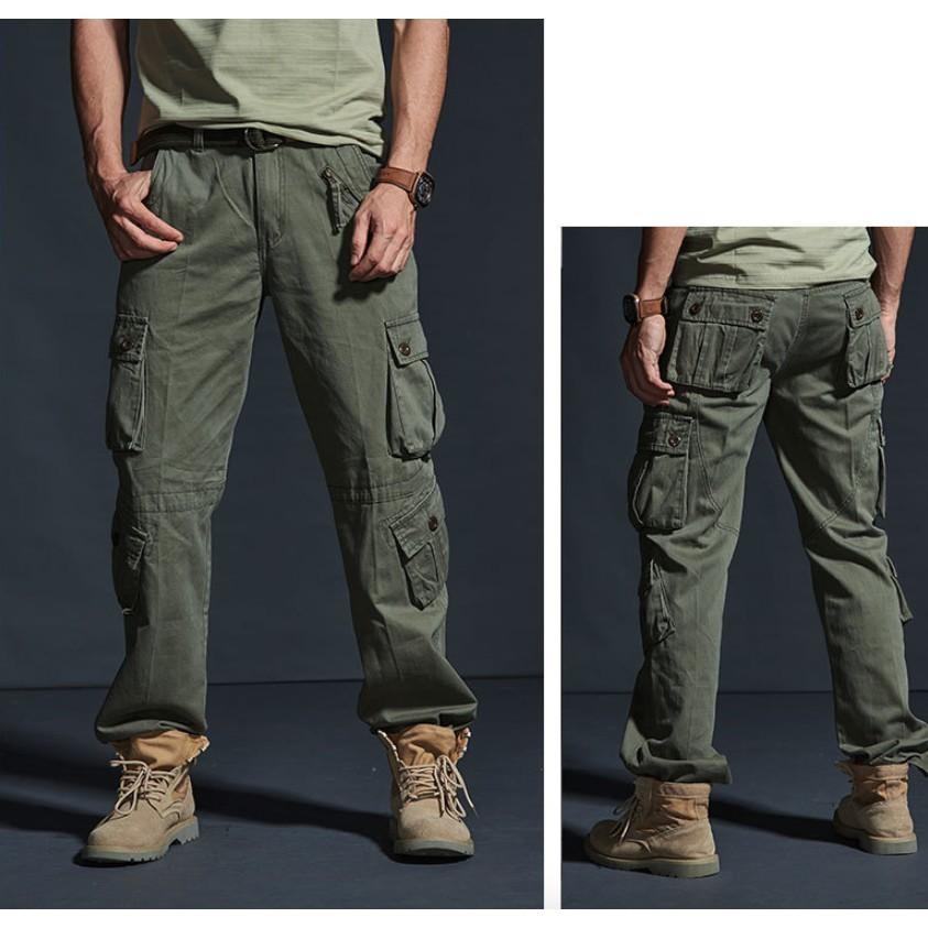 Quần dài kaki túi hộp ống rộng_dã ngoại_du lịch - xanh lính