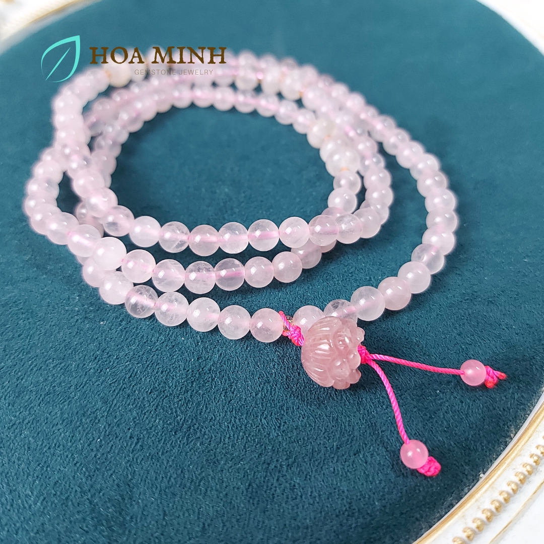 Vòng tay chuỗi 108 hạt Thạch Anh Hồng size 6 li phối hạt bánh xe, charm hoa sen đá thạch anh hồng cho phong thủy mệnh Hỏa, Thổ