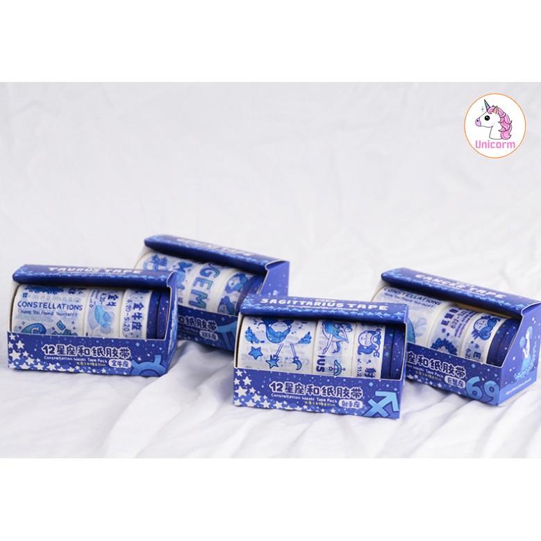 Set 5 cuộn băng dính - washi tape 12 cung hoàng đạo blue trang trí sổ