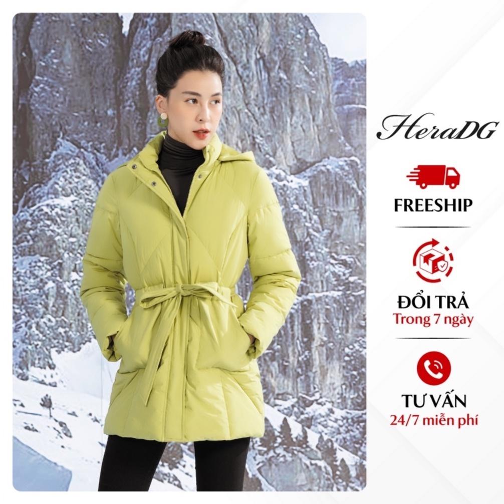 Áo khoác phao nữ mùa đông cao cấp HeraDG dáng lỡ kèm đai và mũ có thể tháo rời chất liệu thân thiện môi trường WJKBA21