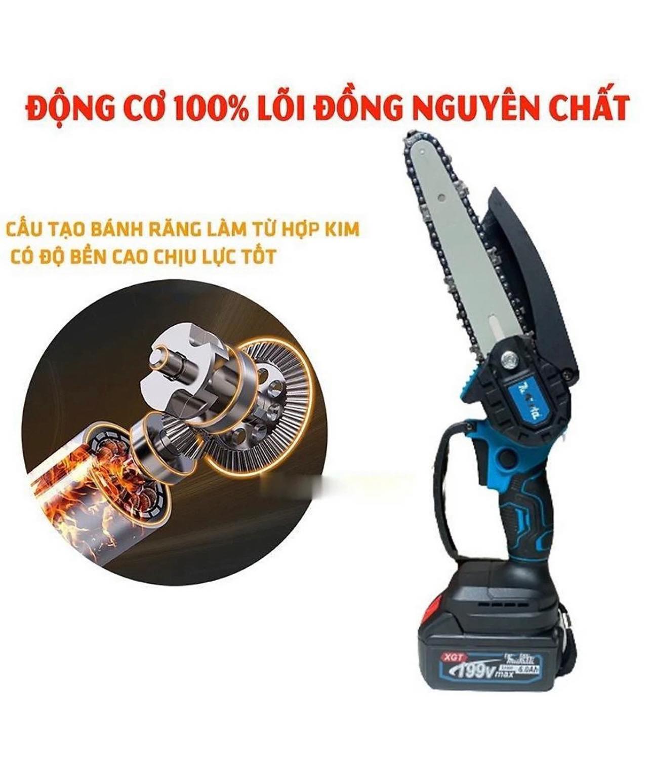 Máy cưa xích cầm tay, máy cưa gỗ mini dùng pin M.K.T 199V pin 10cell cắt gỗ tỉa cành