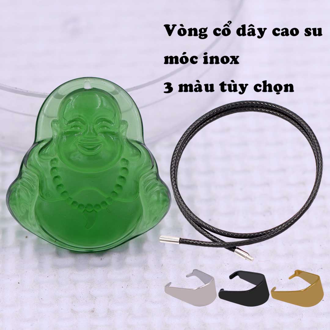 Mặt Phật Di lặc Pha lê xanh lá 3.6 cm kèm vòng cổ dây cao su đen + móc inox vàng, mặt dây chuyền Phật cười