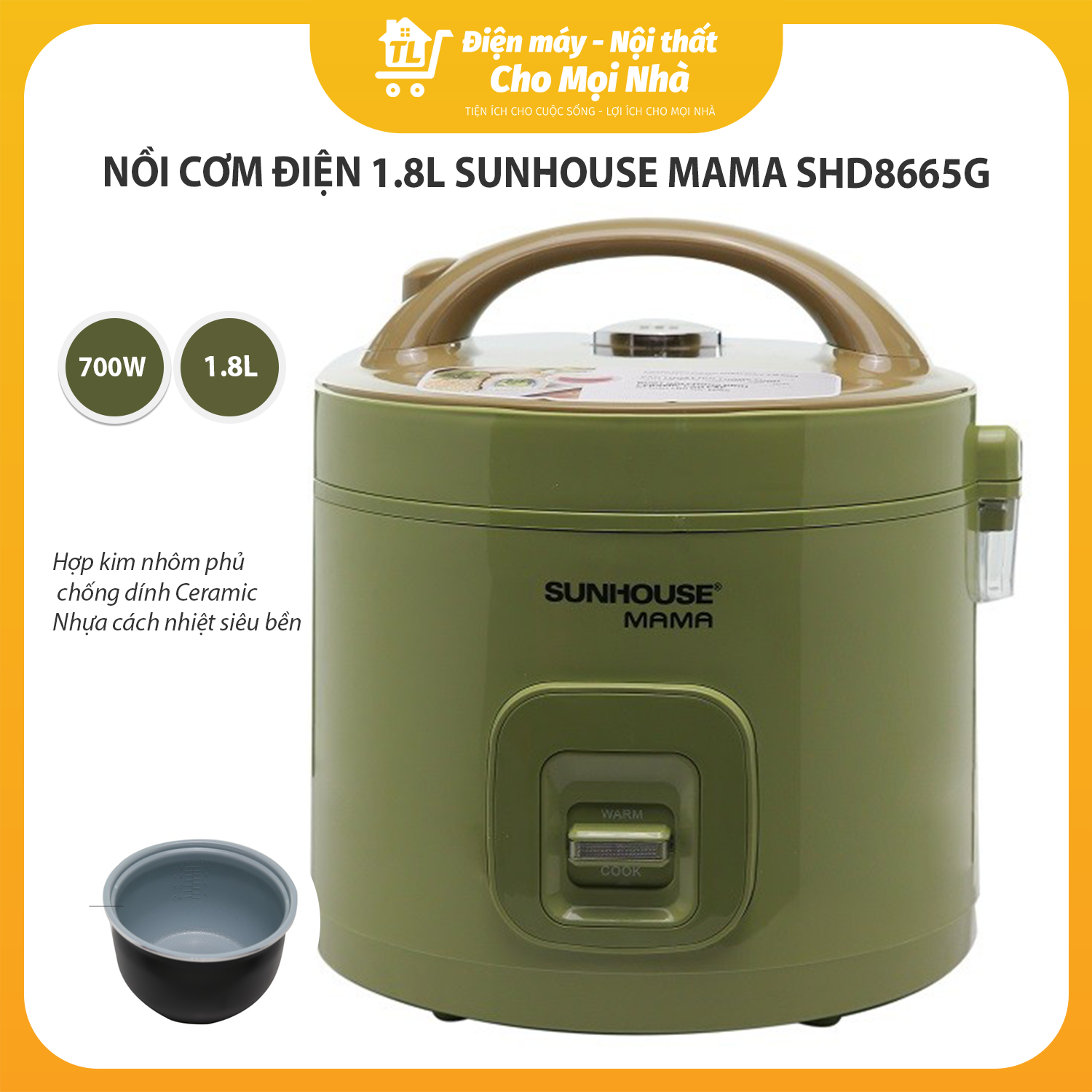 Nồi Cơm Điện Nắp Gài Sunhouse MaMa SHD8665G (1.8 Lít) - Hàng Chính Hãng