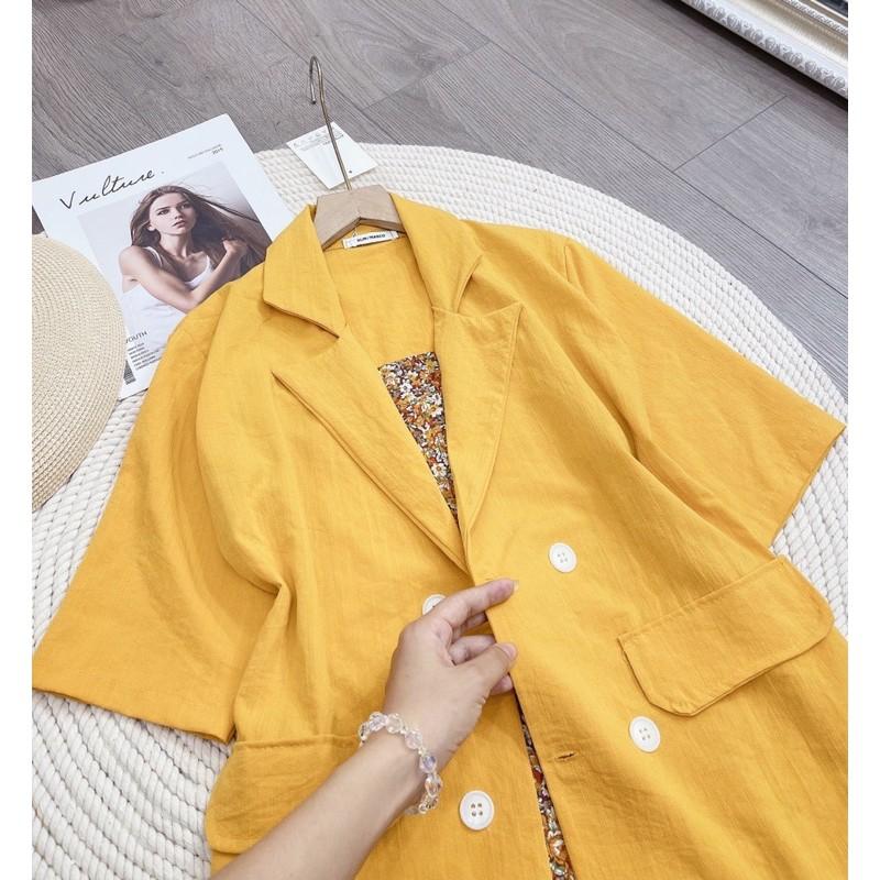 SET ÁO BLAZER VEST CỘC TAY VÀNG MIX VÁY HAI DÂY HOA NHÍ ĐUÔI CÁ SIÊU PHẨM XINH XẮN