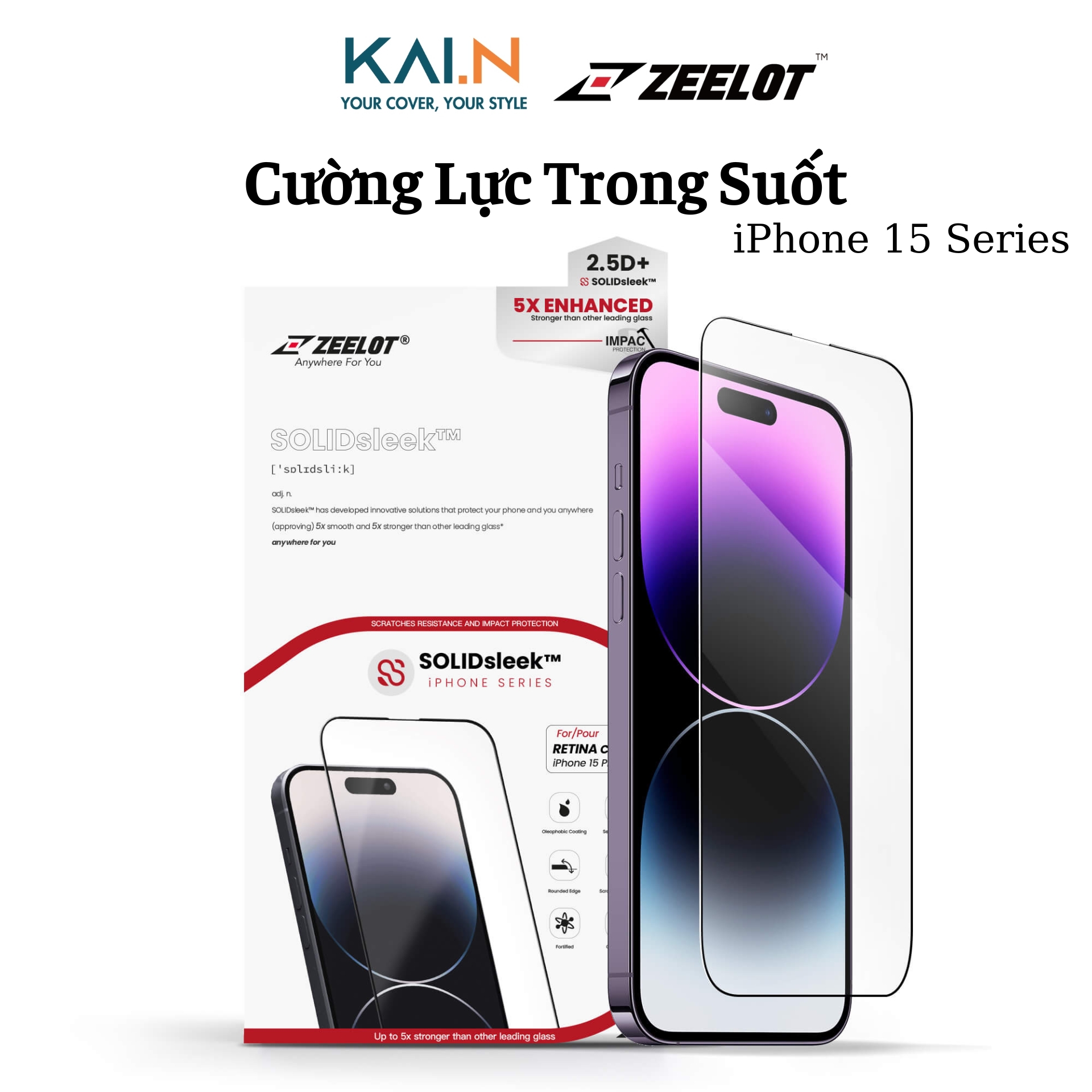 Cường Lực Trong Suốt Zeelot Dành Cho iPhone 15 Pro Max / 15 Pro / 15 Plus / 15, Zeelot SOLIDsleek Clear - HÀNG CHÍNH HÃNG