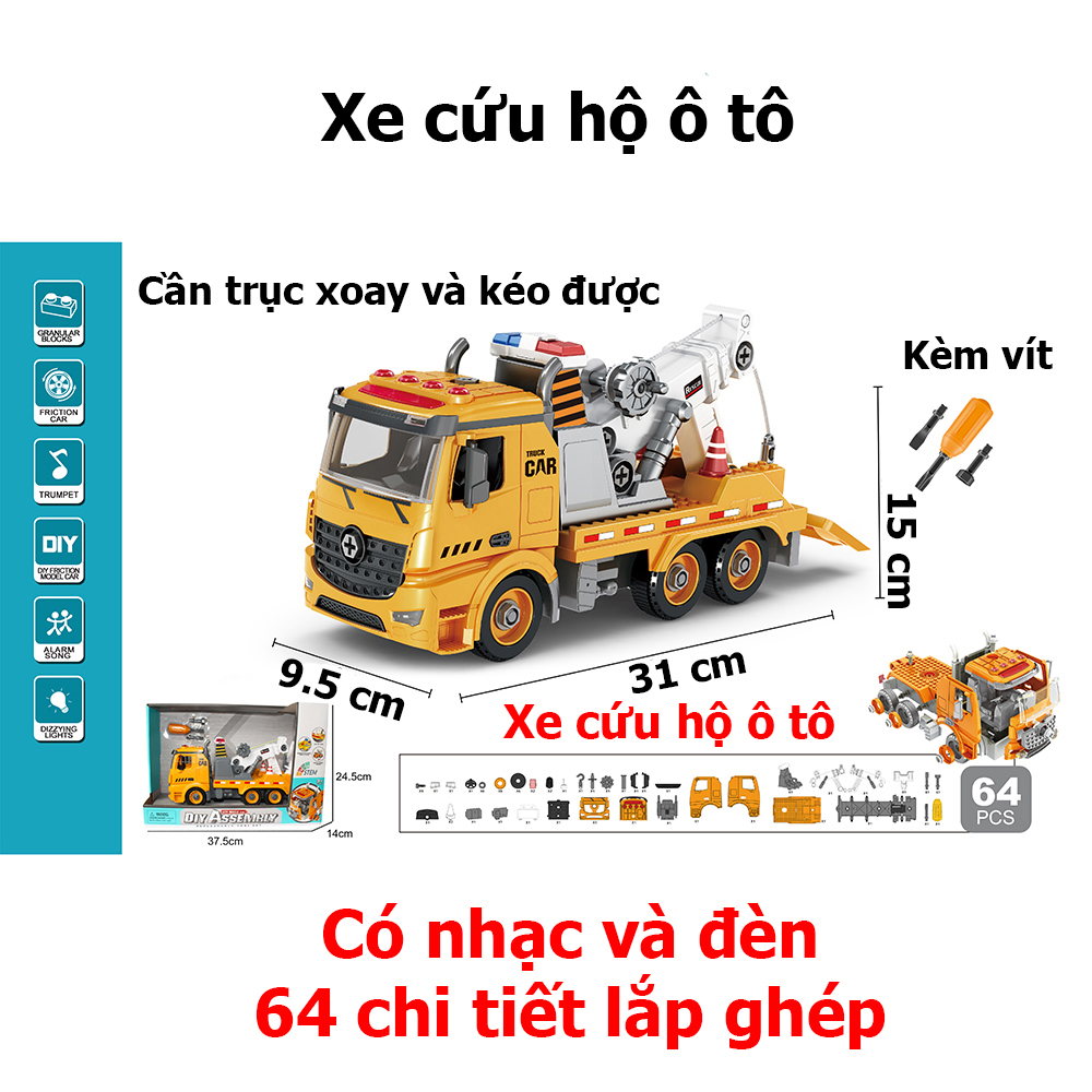 Đồ chơi lắp ghép xe cứu hộ ô tô KAVY NO.YW9092B có nhạc và đèn cần trục xoay, kéo chi tiết chuyển động